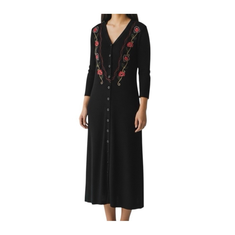 Vintage 90s Karin Stevens Petite M Black Wool Blend Sweater Dress Embroidered